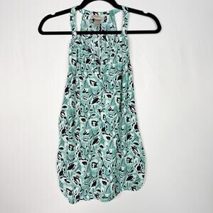 LOFT Small S Floral Printed Sleeveless Blouse Top Teal Green Black White Womens